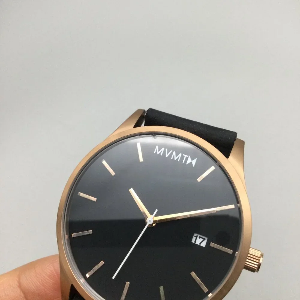 MVMT Watch Men 45mm Rose Gold Black Dial Date Leather Band New Battery